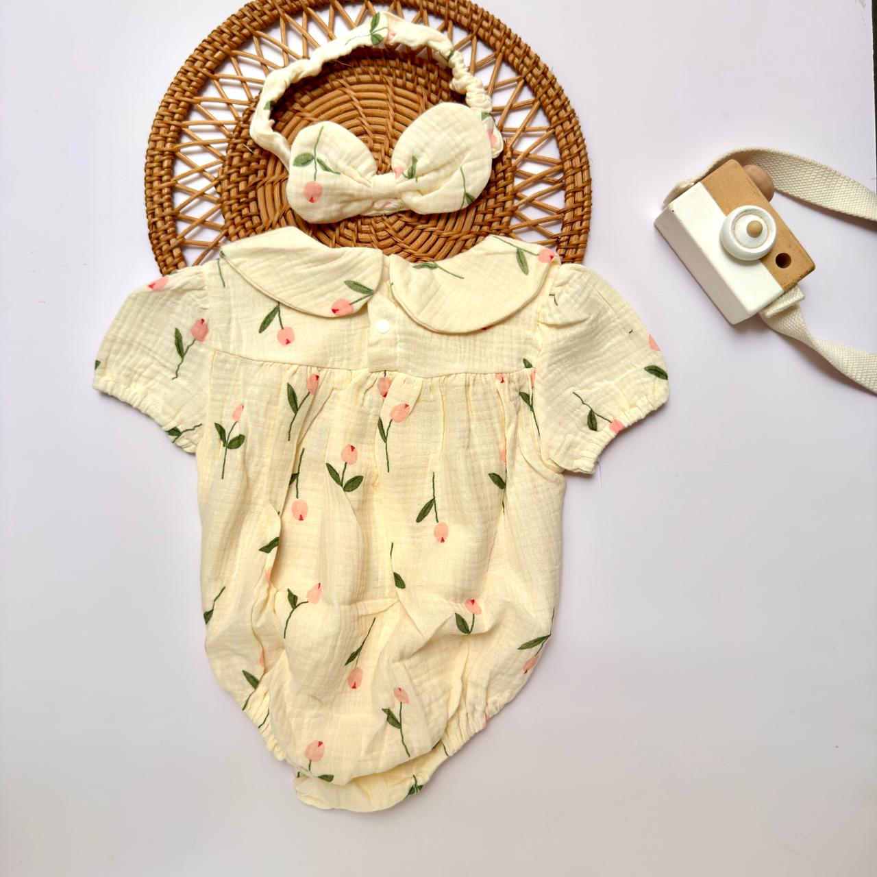 Ivory Floral Embroidered Romper with Bonnet