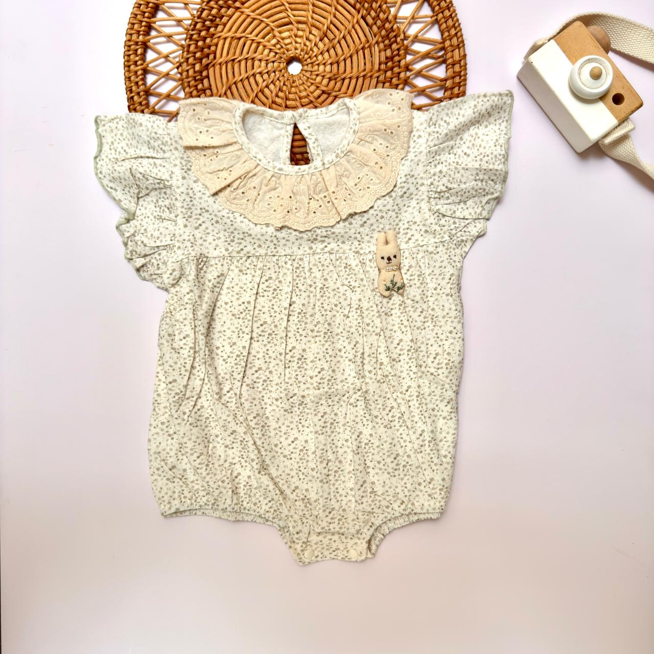 Cream Floral Print Romper with Ruffle Collar