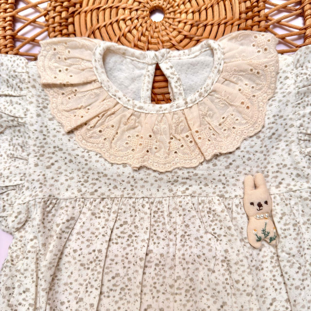 Cream Floral Print Romper with Ruffle Collar