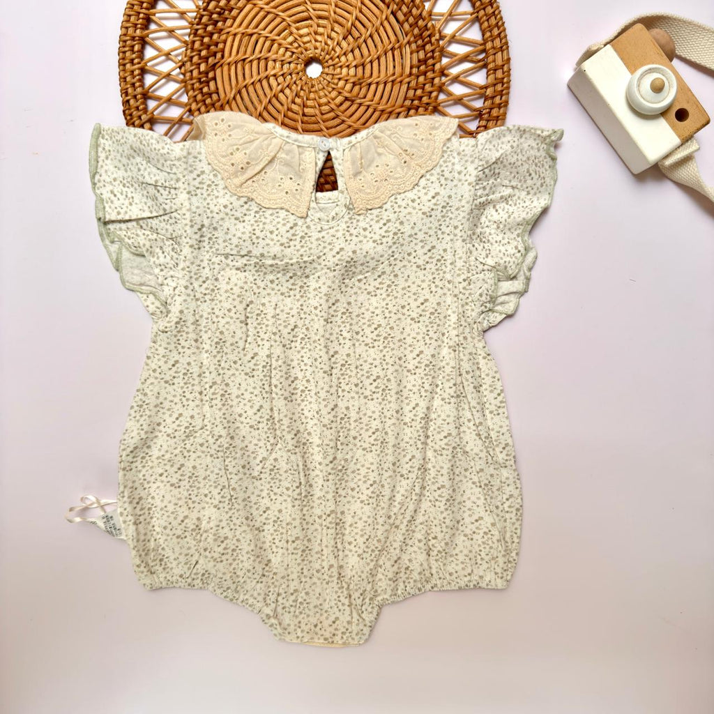 Cream Floral Print Romper with Ruffle Collar