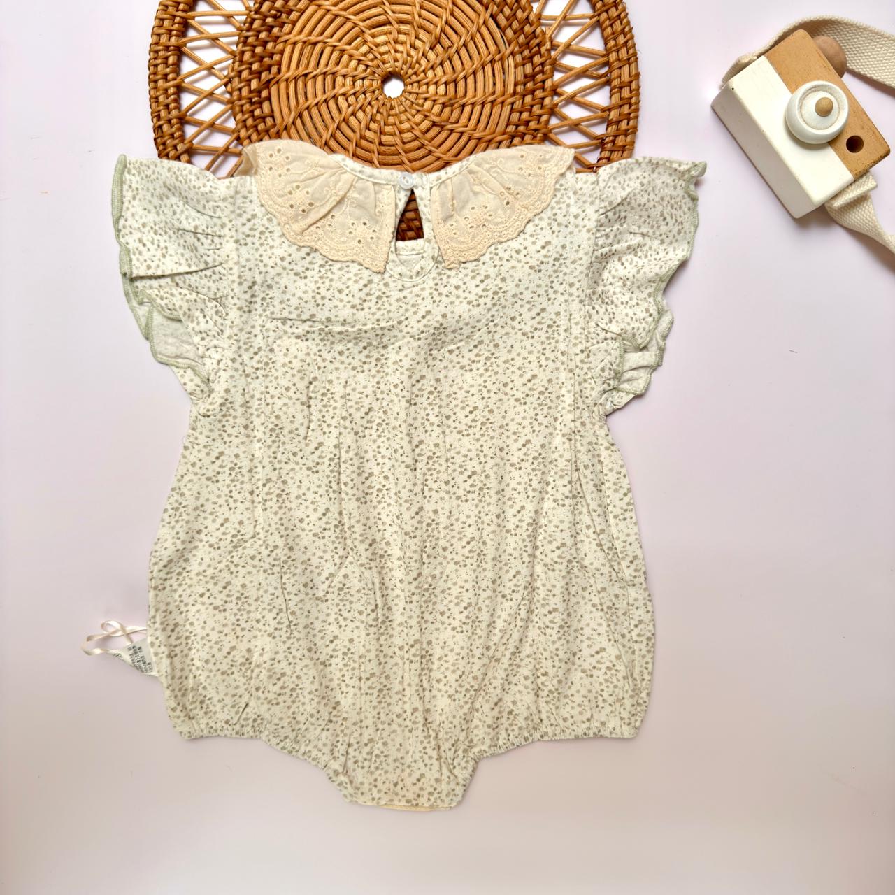 Cream Floral Print Romper with Ruffle Collar