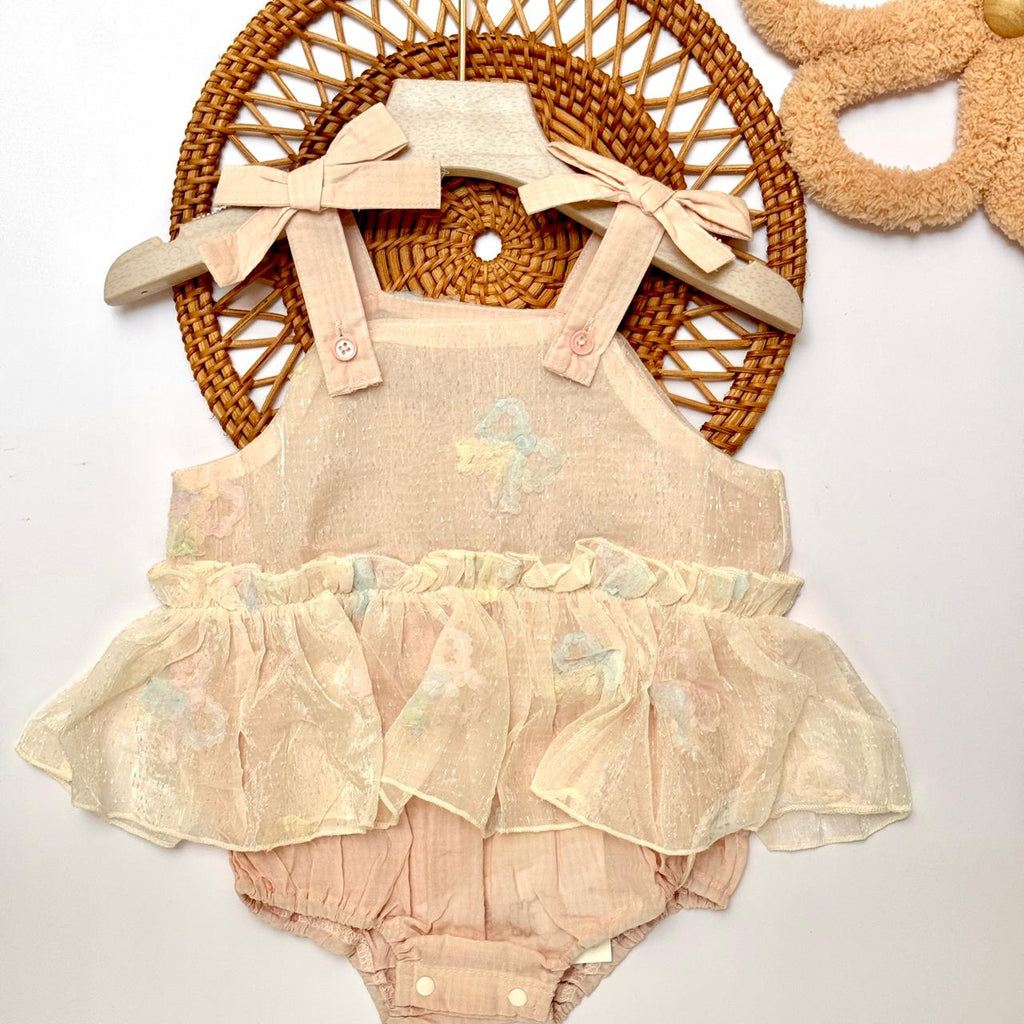 Bow Strap Lace Romper, Pink & Cream