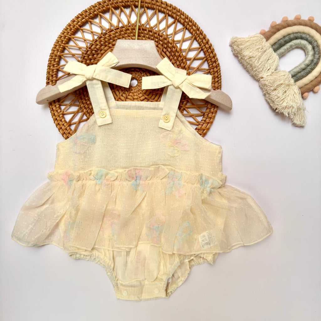 Bow Strap Lace Romper, Pink & Cream