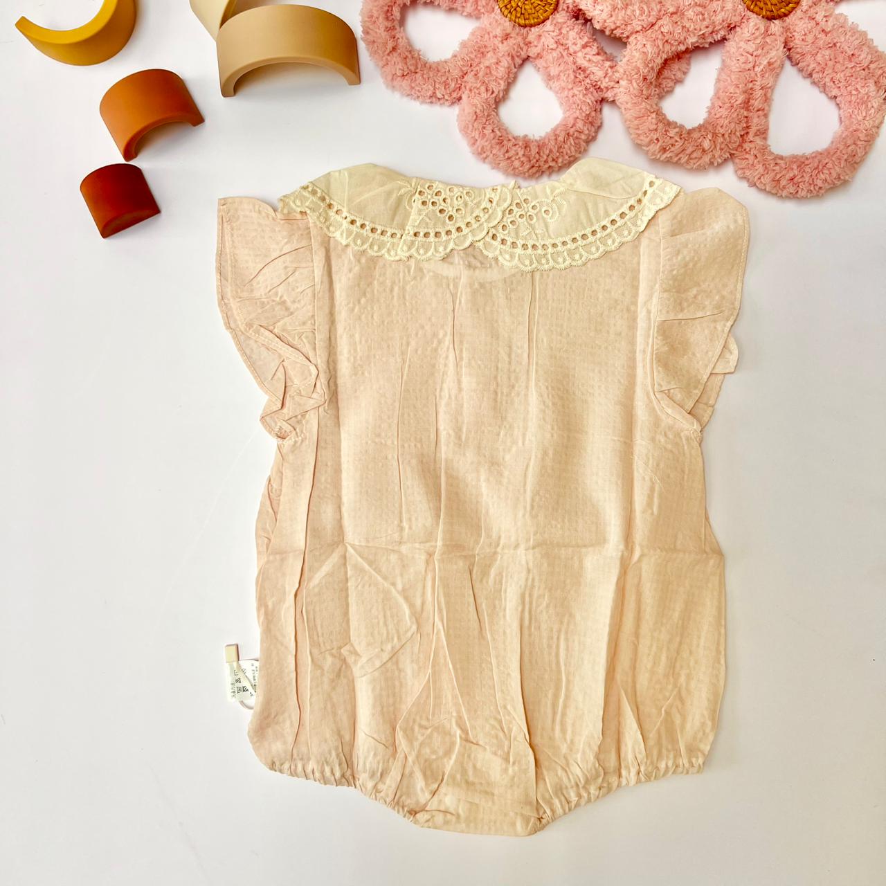 Eyelet Collar Pocket Romper, Cream & Dusty Pink