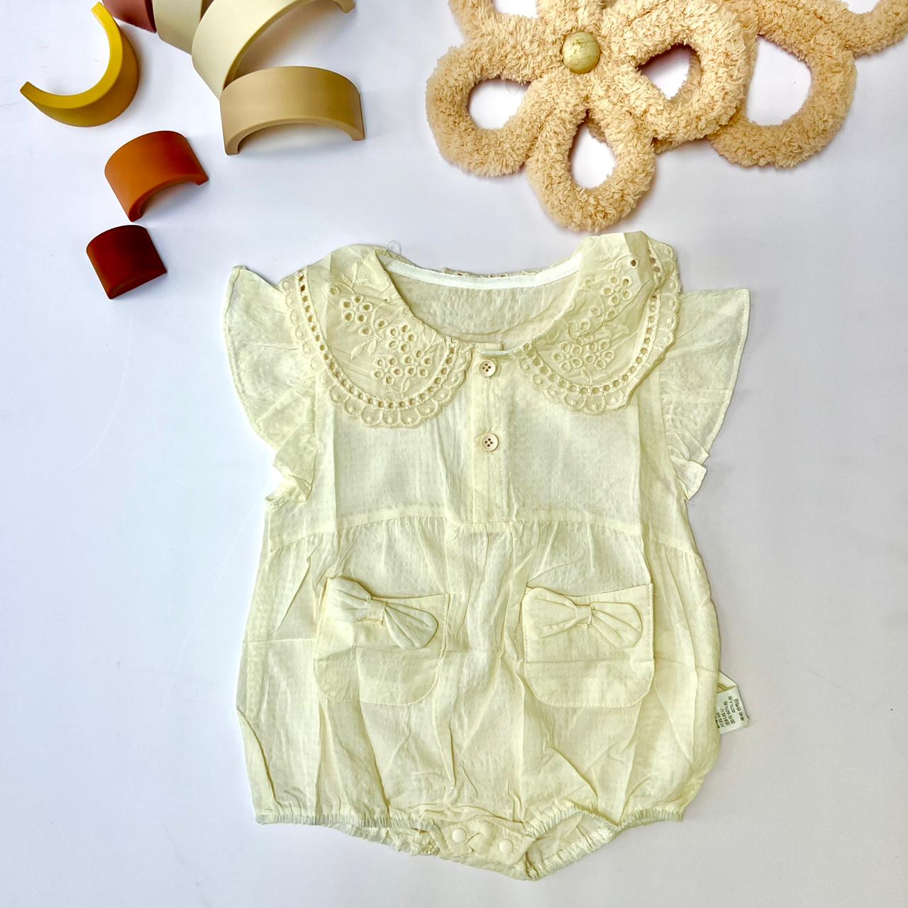 Eyelet Collar Pocket Romper, Cream & Dusty Pink