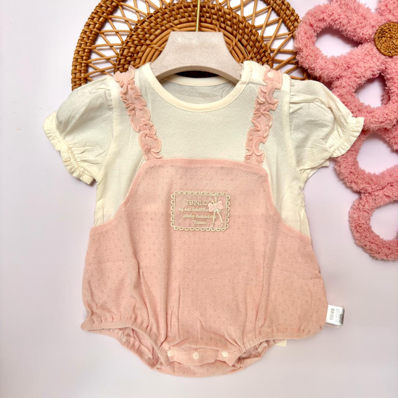 Dusty Pink Overall Romper with White Top, 2 Piece Set