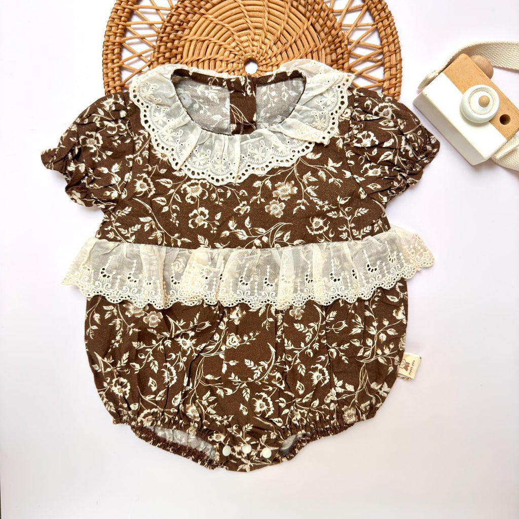Brown Floral Print Romper with Eyelet Lace Collar