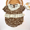 Brown Floral Print Romper with Eyelet Lace Collar
