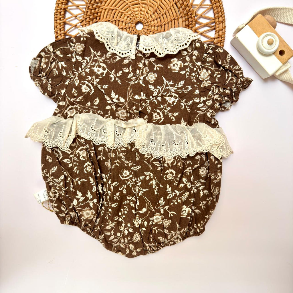 Brown Floral Print Romper with Eyelet Lace Collar