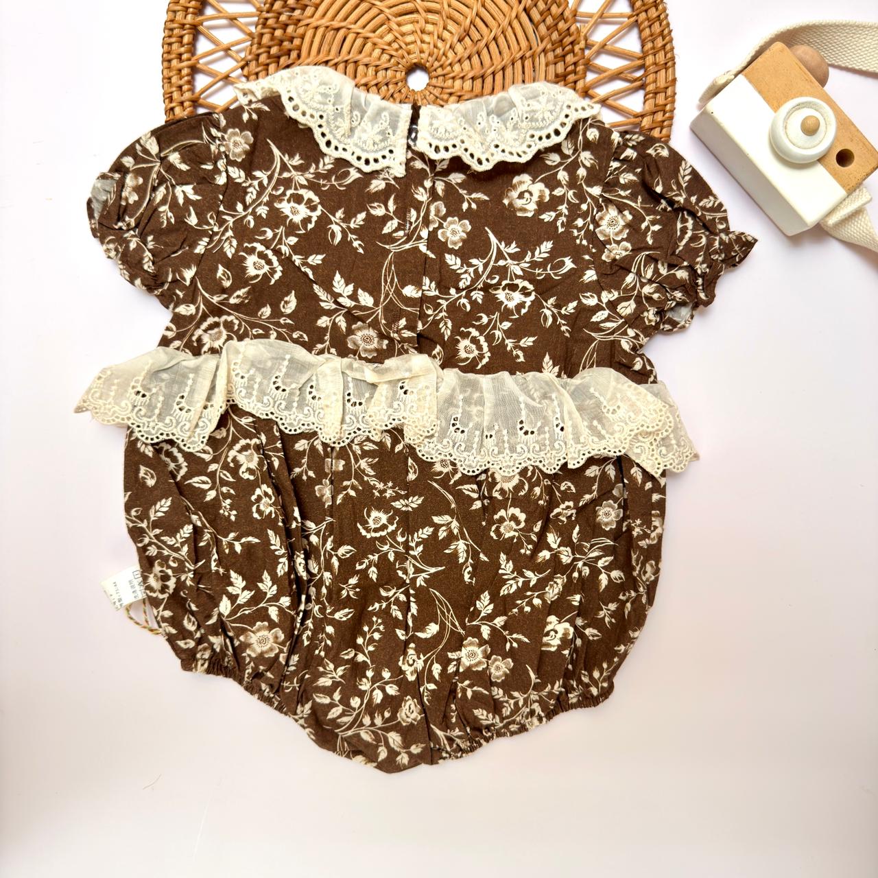 Brown Floral Print Romper with Eyelet Lace Collar