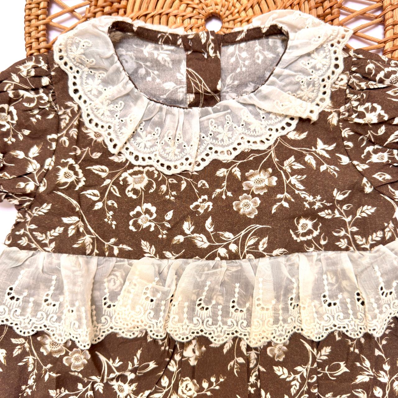 Brown Floral Print Romper with Eyelet Lace Collar