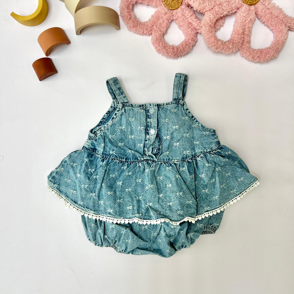 Denim Dungaree Romper with Bear Applique