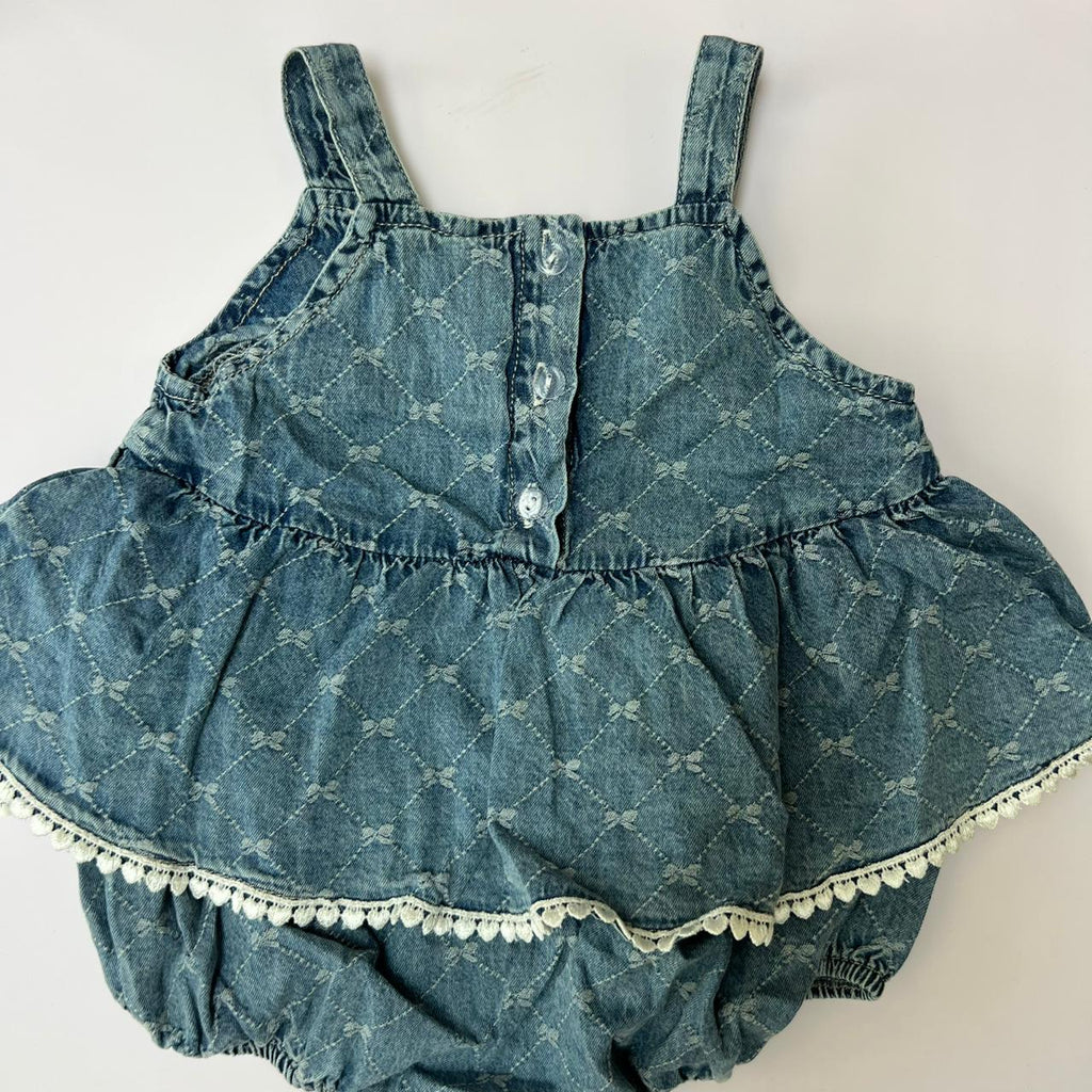 Denim Dungaree Romper with Bear Applique