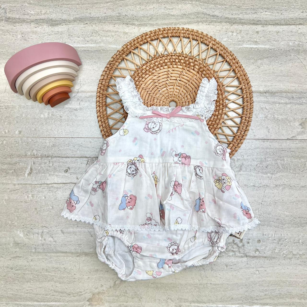 Cream Cupcake Print Romper with Scalloped Lace Trim