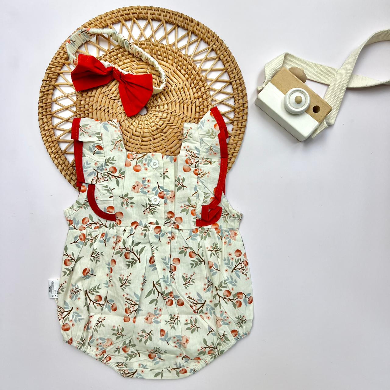 Floral Halter Romper with Red Bow Straps