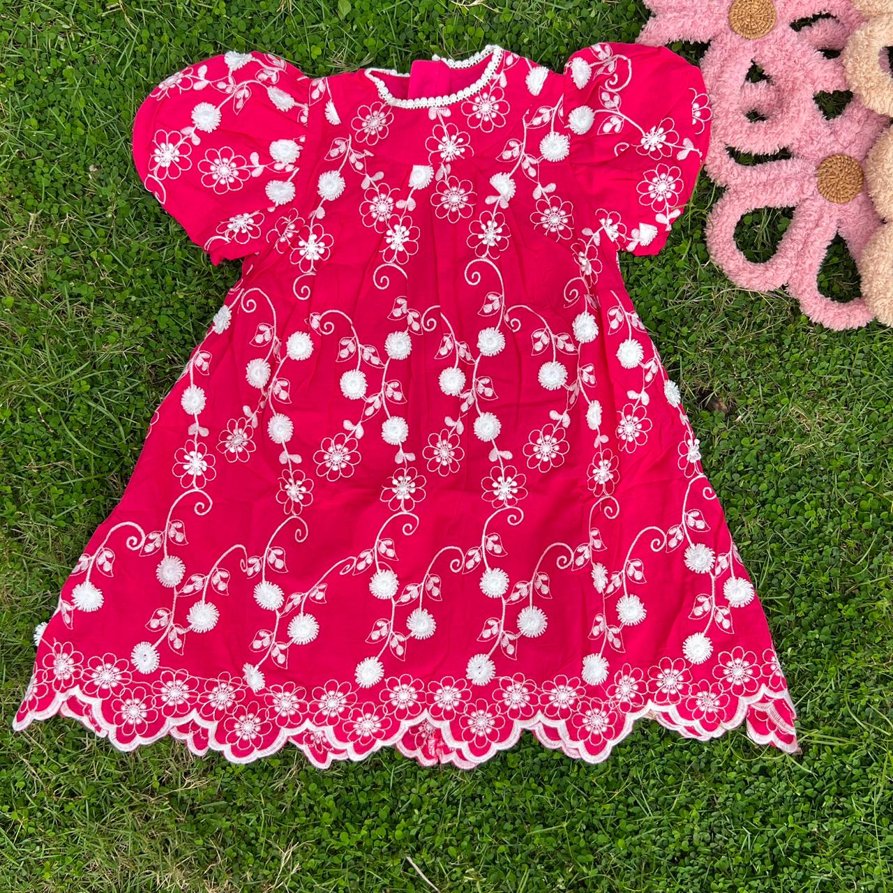 Floral Embroidered Puff Sleeve Frock, Blue & Red
