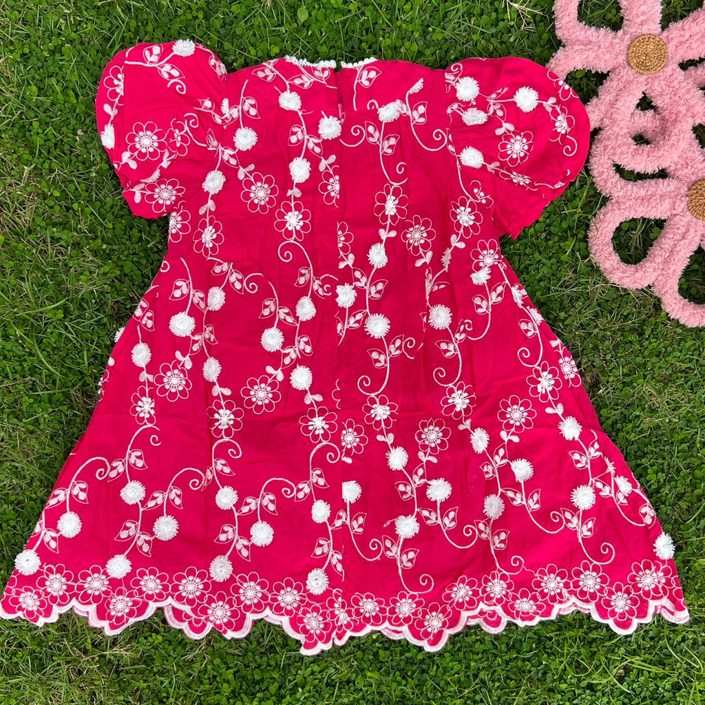 Floral Embroidered Puff Sleeve Frock, Blue & Red