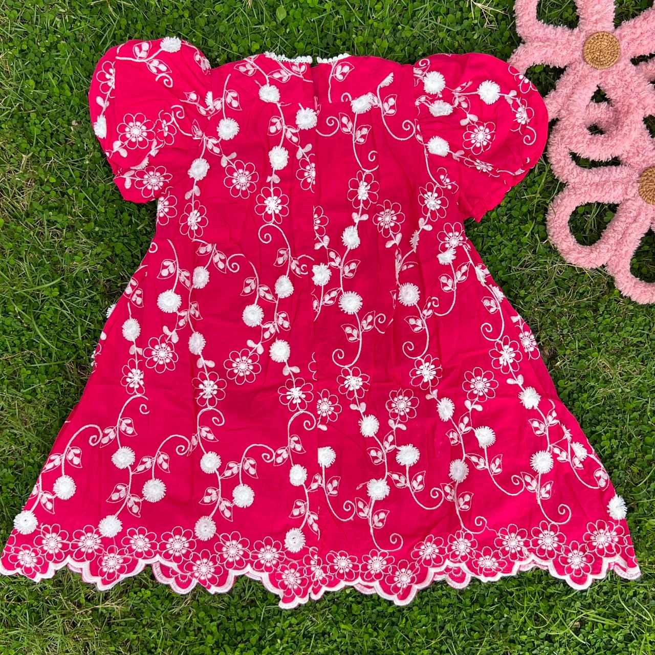 Floral Embroidered Puff Sleeve Frock, Blue & Red