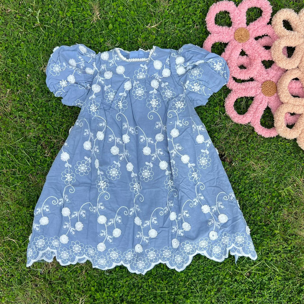 Floral Embroidered Puff Sleeve Frock, Blue & Red