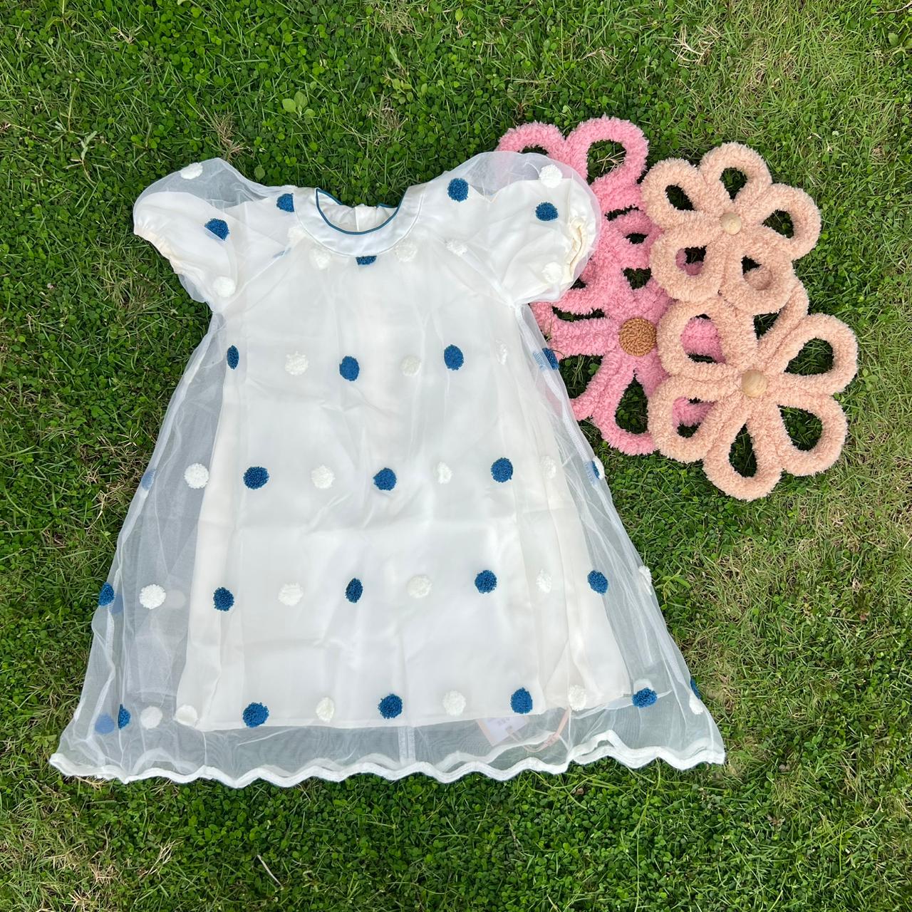 Polka Dot Tulle Overlay Frock, Blue & Pink