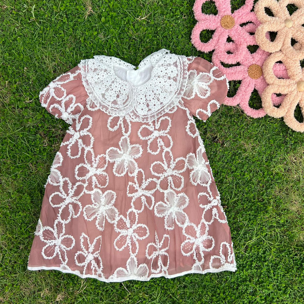 The Juliette Floral Embroidered Mesh Dress in Rose Pink