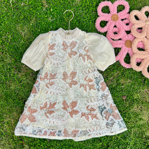 Baby Girl 3D Floral Sequin Overlay Dress with Chiffon Puff Sleeves