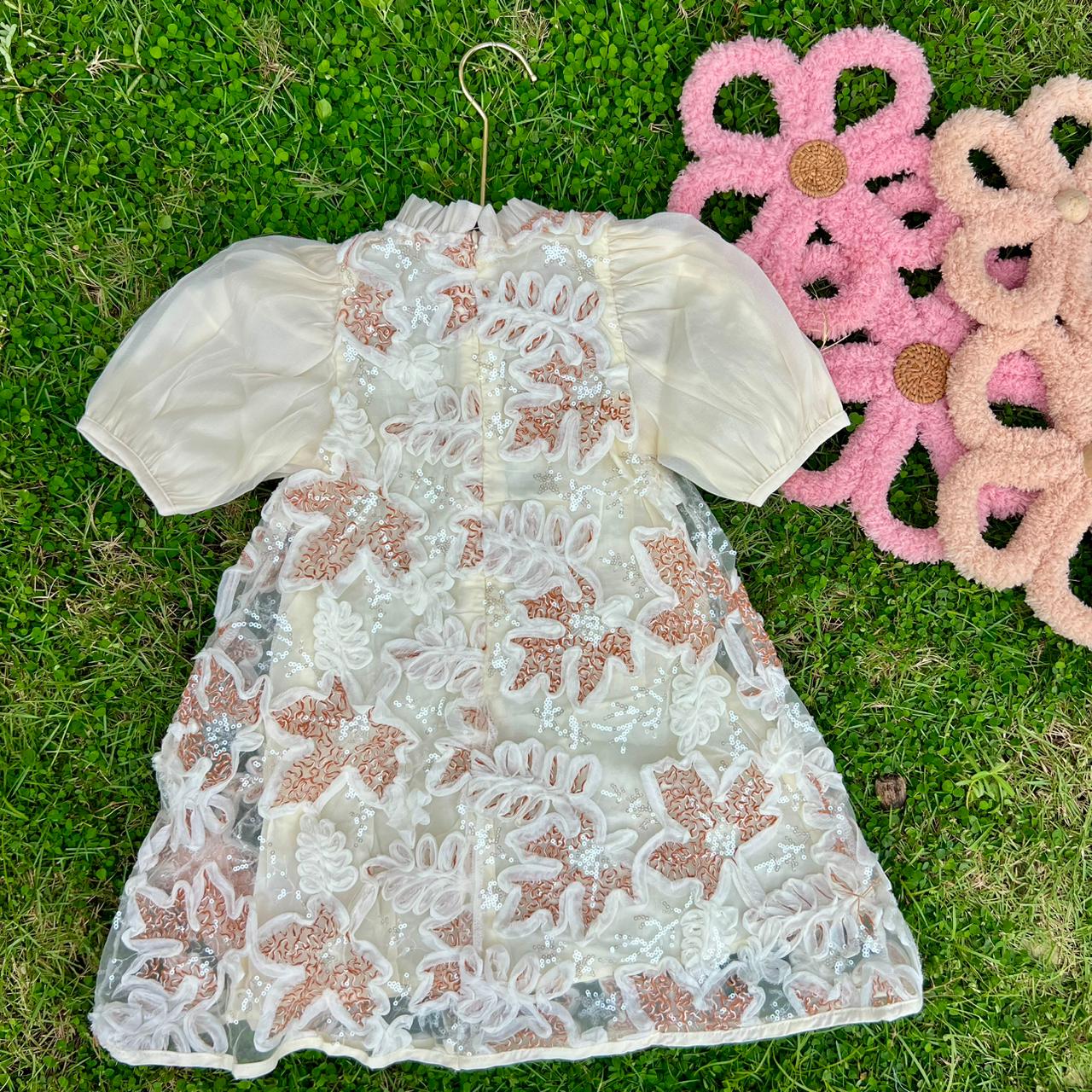 Baby Girl 3D Floral Sequin Overlay Dress with Chiffon Puff Sleeves