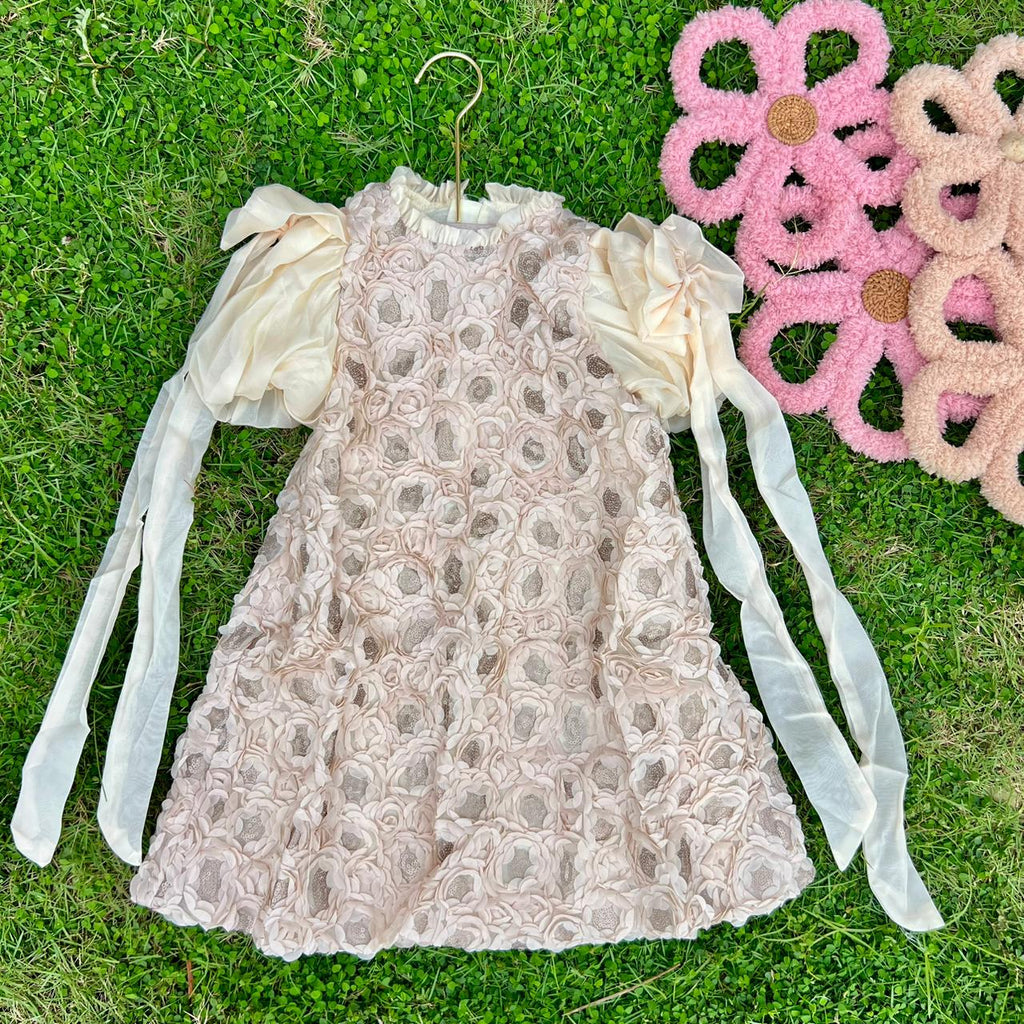 Elegant 3D Rose Rosette Dress with Bow Shoulder Streamers