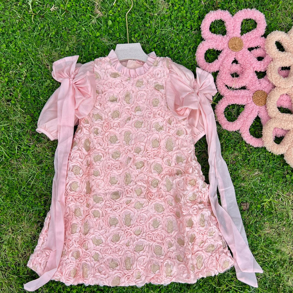 Elegant 3D Rose Rosette Dress with Bow Shoulder Streamers