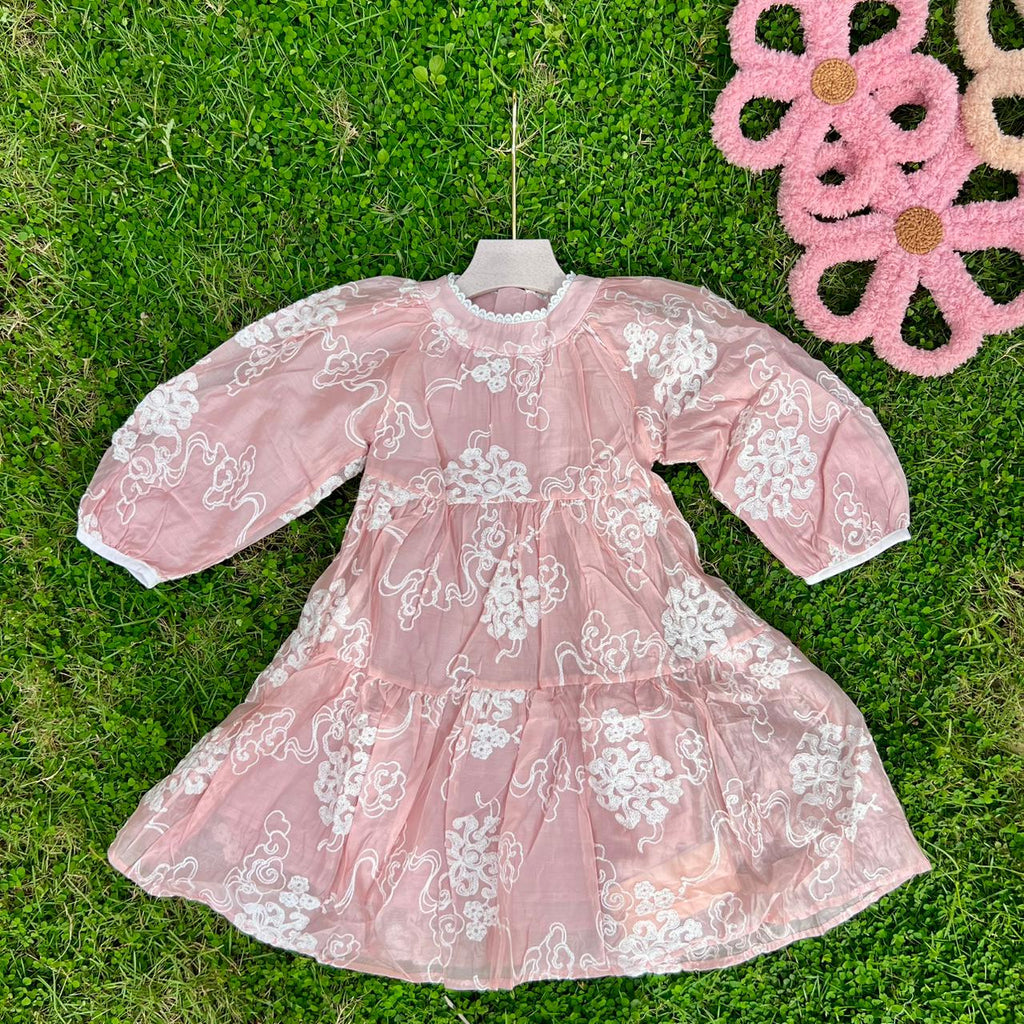 Ethereal Organza Tiered Dress with White Cloud Embroidery