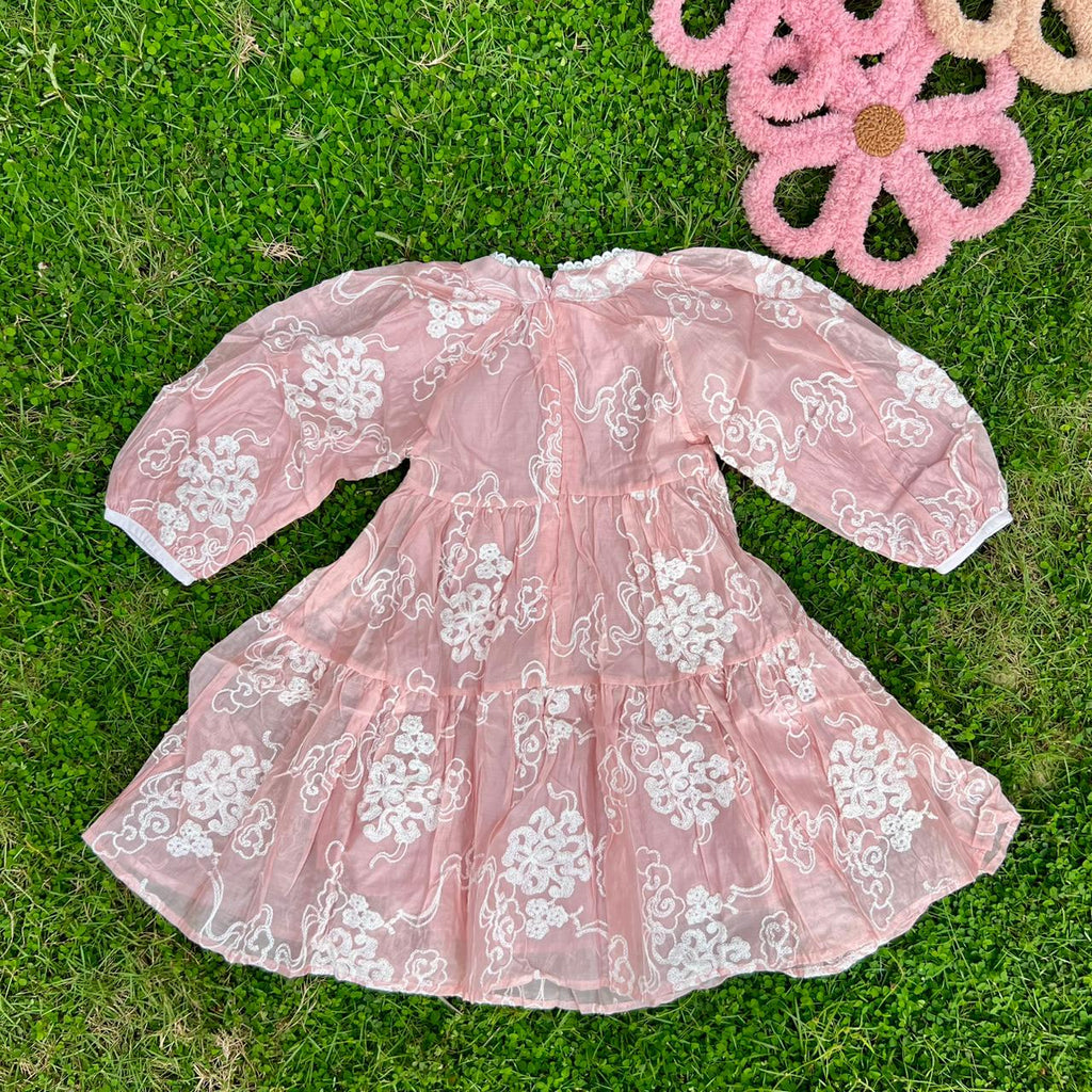 Ethereal Organza Tiered Dress with White Cloud Embroidery