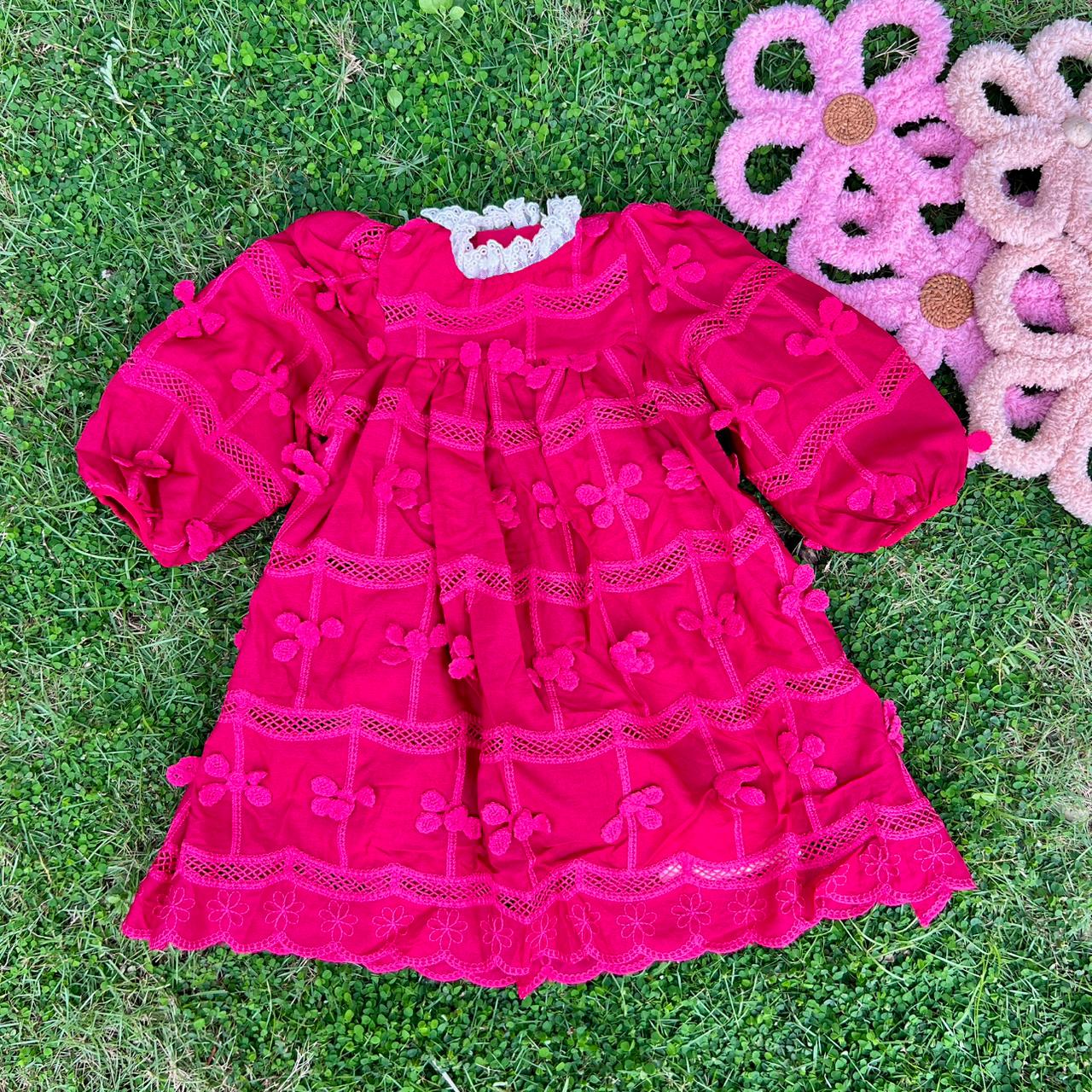 Vintage Lace-Trimmed Smocked Dress with 3D Floral Bow Appliqués (Fuchsia)