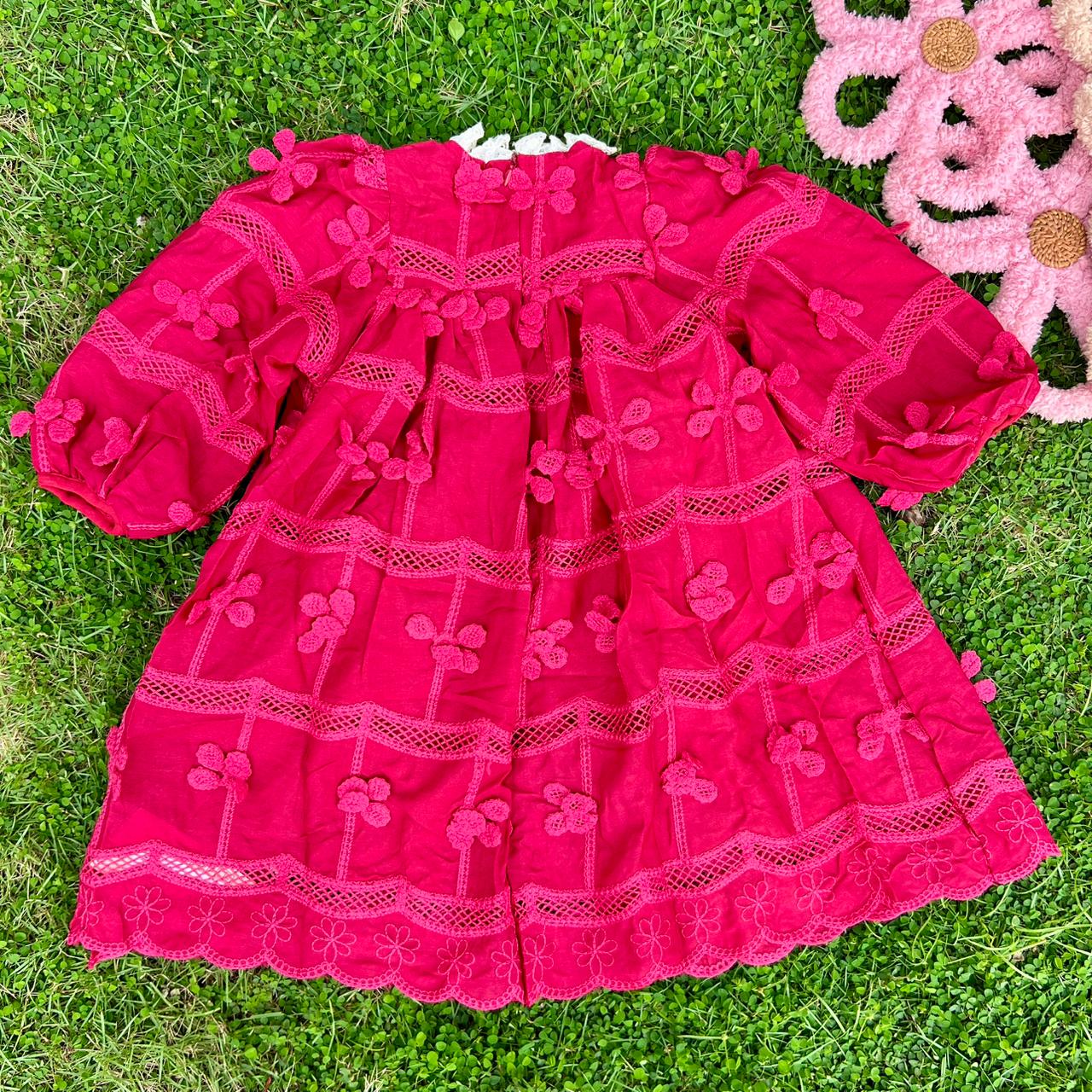 Vintage Lace-Trimmed Smocked Dress with 3D Floral Bow Appliqués (Fuchsia)