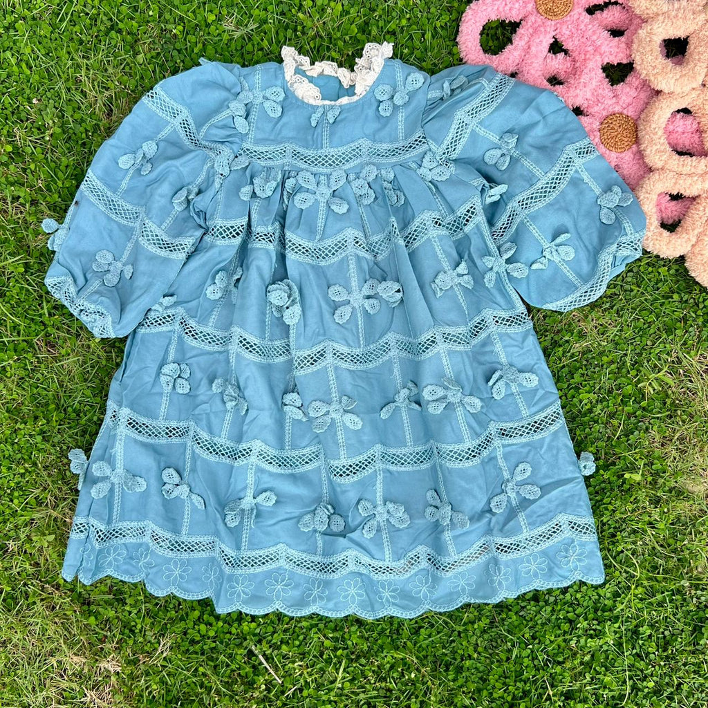 Vintage Lace-Trimmed Smocked Dress with 3D Floral Bow Appliqués (Fuchsia)