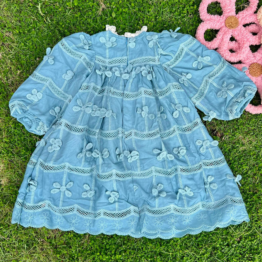 Vintage Lace-Trimmed Smocked Dress with 3D Floral Bow Appliqués (Fuchsia)