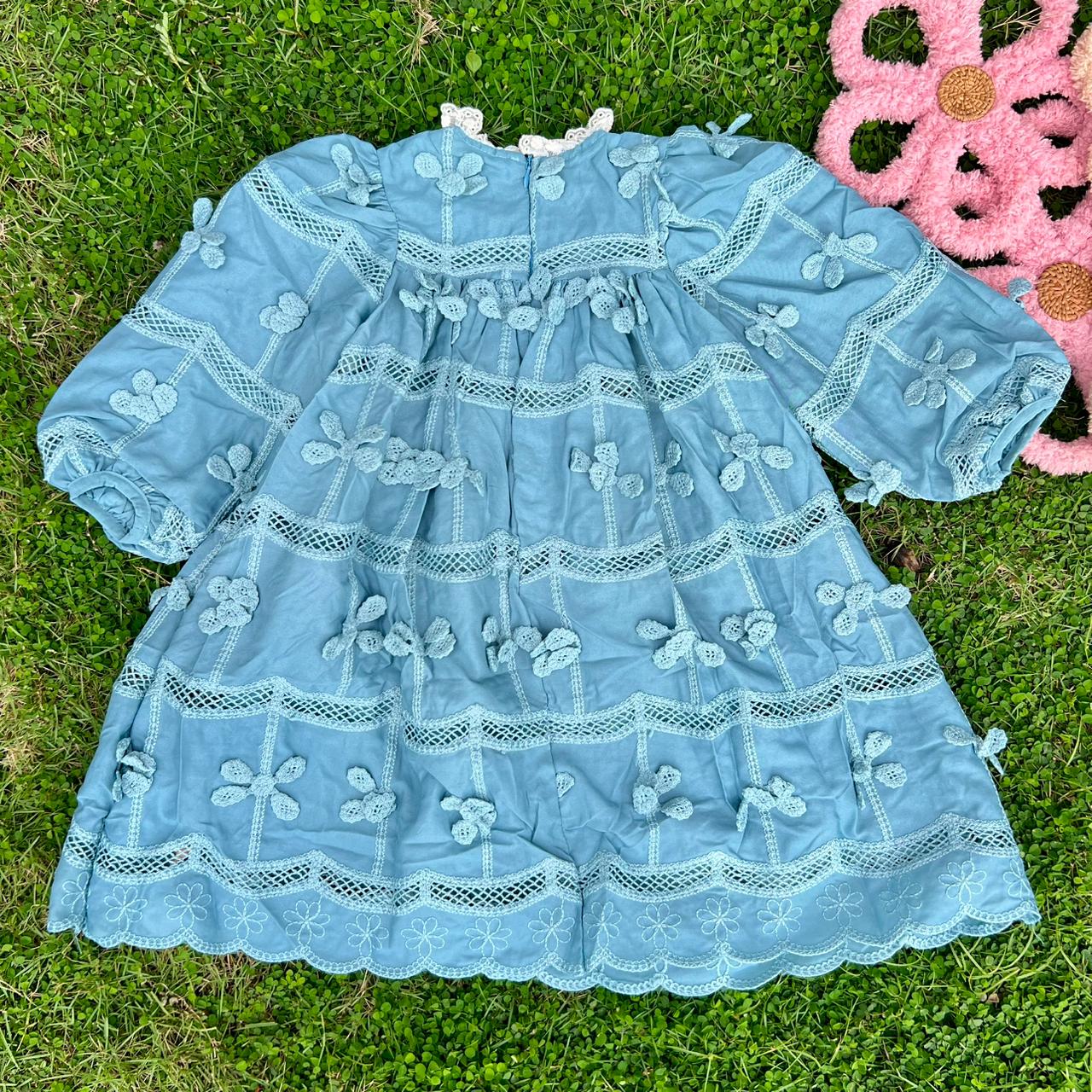 Vintage Lace-Trimmed Smocked Dress with 3D Floral Bow Appliqués (Fuchsia)