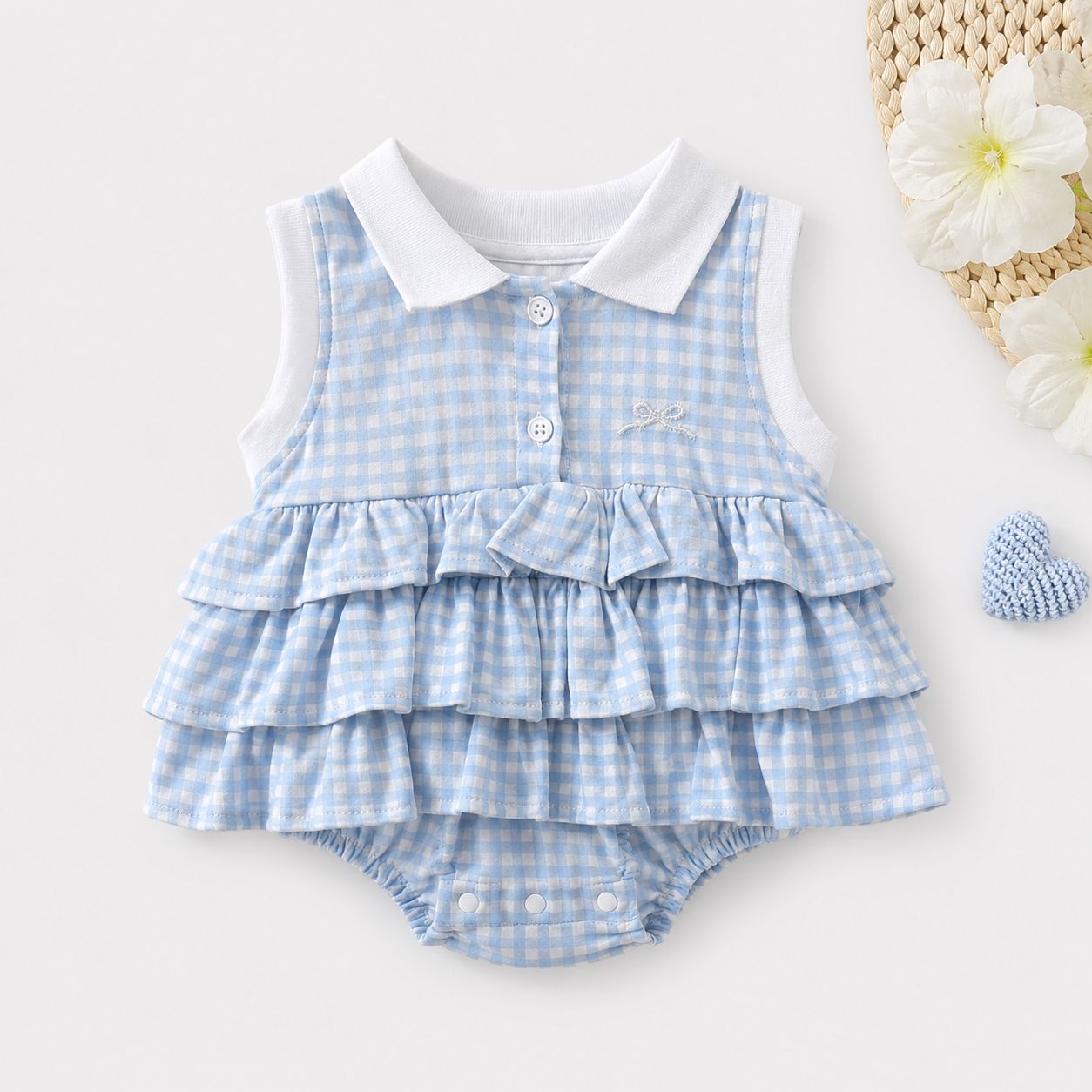 Blue Gingham Ruffle Romper with Peter Pan Collar