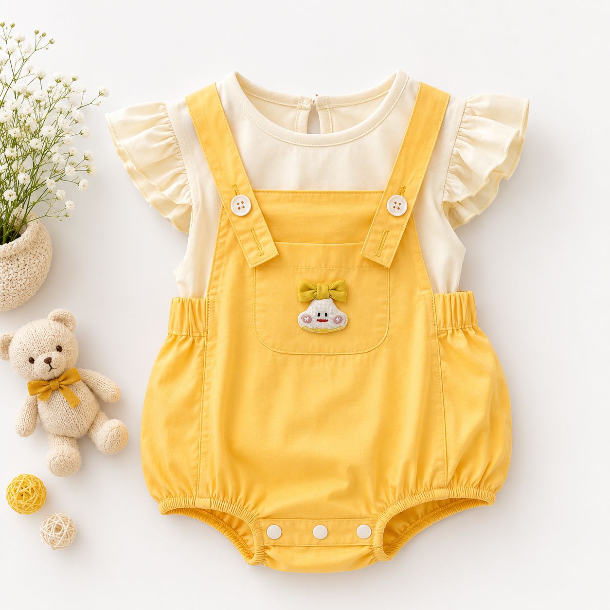 Mustard Dungaree Romper with Ruffle Sleeve Top, 2 Piece Set