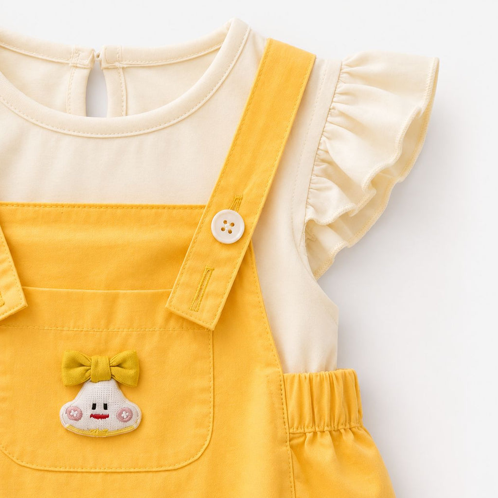 Mustard Dungaree Romper with Ruffle Sleeve Top, 2 Piece Set