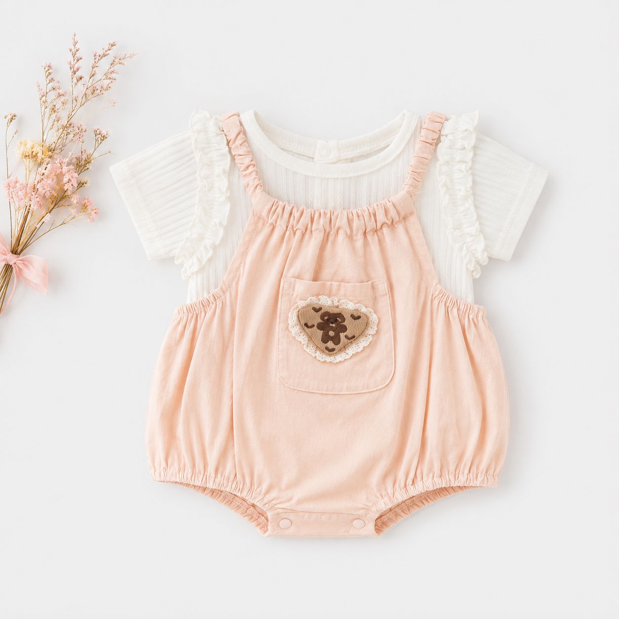 Cream Striped Top & Peach Bloomer Set with Bonnet