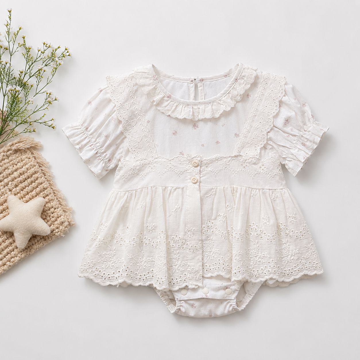 Ivory Textured Ruffle-Hem Romper for Baby Girls