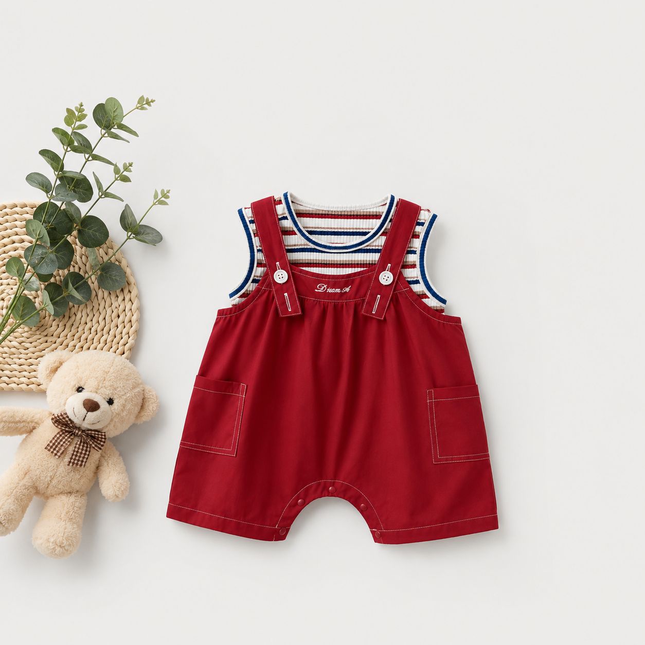 Red Corduroy Dungaree Romper with Striped Top