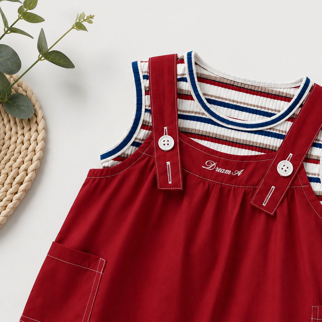 Red Corduroy Dungaree Romper with Striped Top