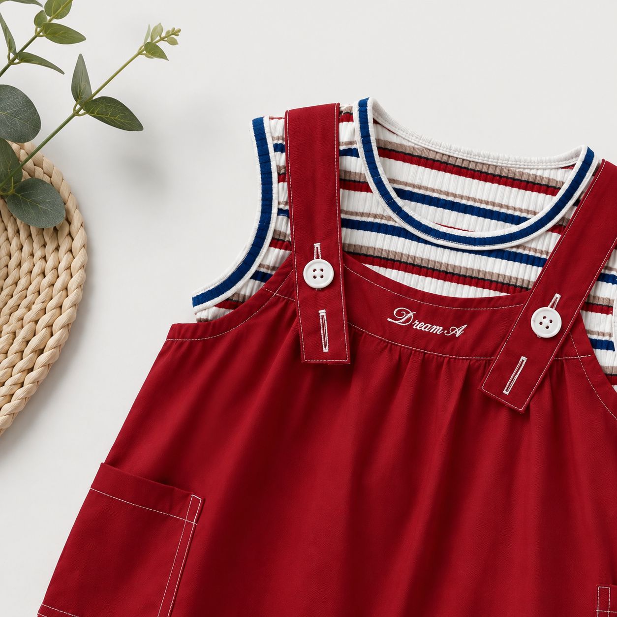 Red Corduroy Dungaree Romper with Striped Top