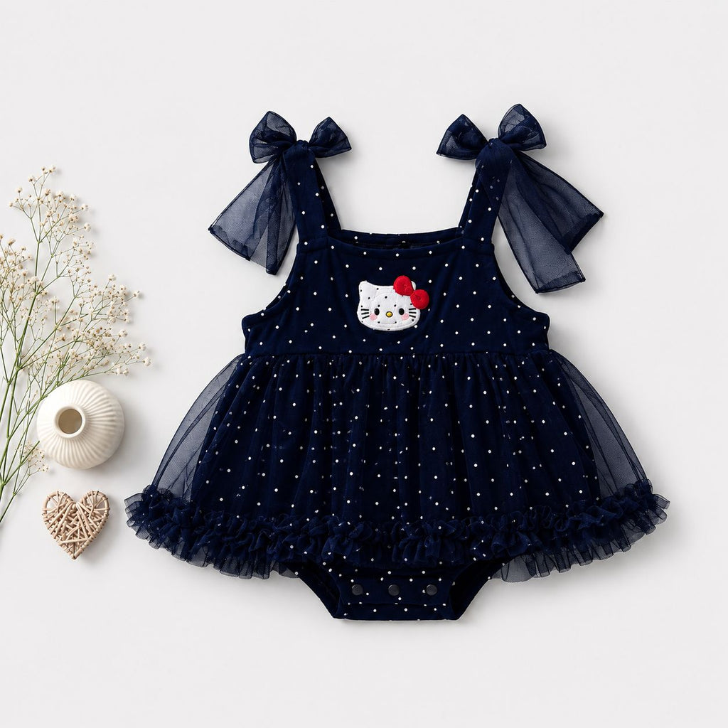 Blue Polka Dot Tulle Romper with Cat Applique