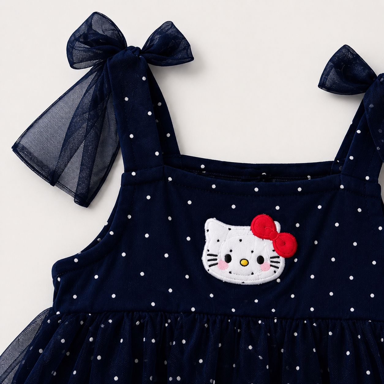 Blue Polka Dot Tulle Romper with Cat Applique