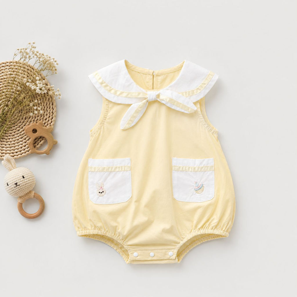 Beige Sailor Collar Romper with Front Pockets