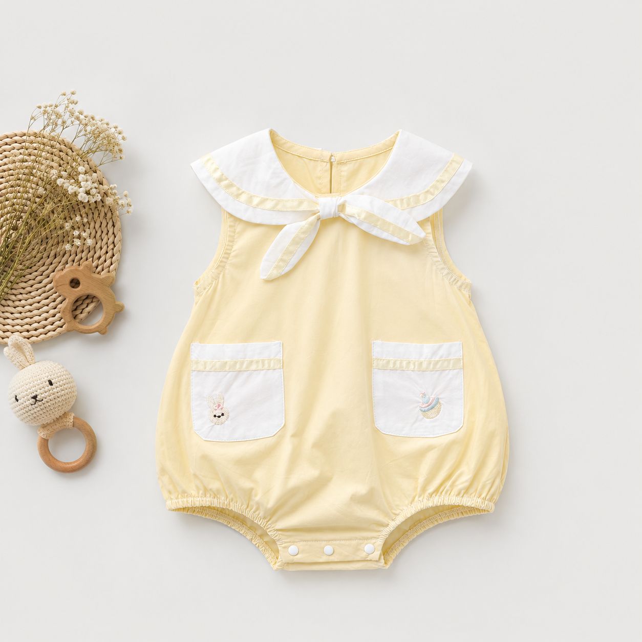 Beige Sailor Collar Romper with Front Pockets