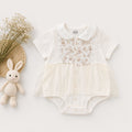 Cream Floral Embroidered Romper with Sheer Overlay