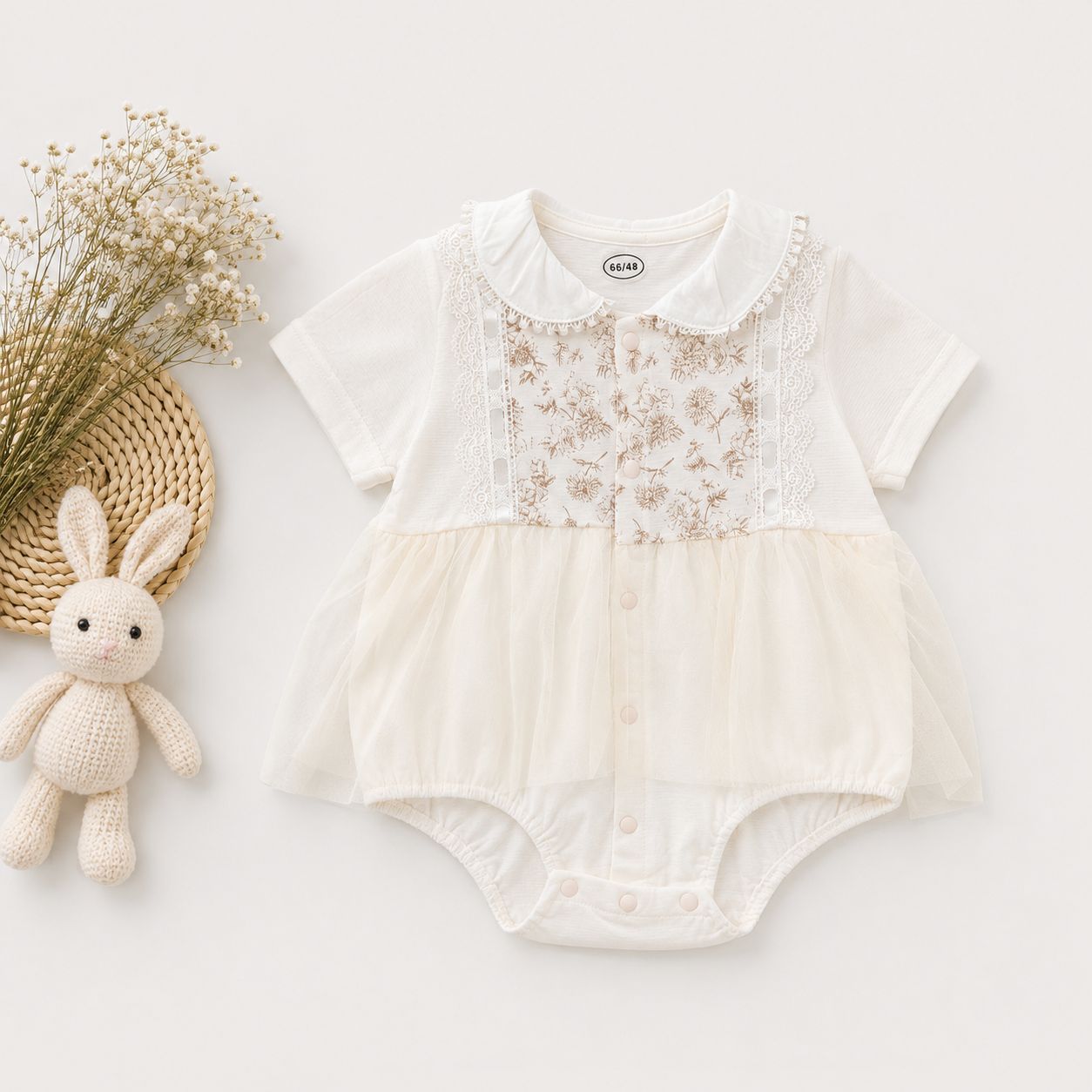 Cream Floral Embroidered Romper with Sheer Overlay